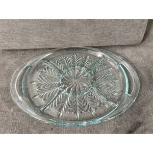 Vintage Aquamarine Jeanette Glass Handled Feather Divided Oval Tray 15.5"L X 9"W